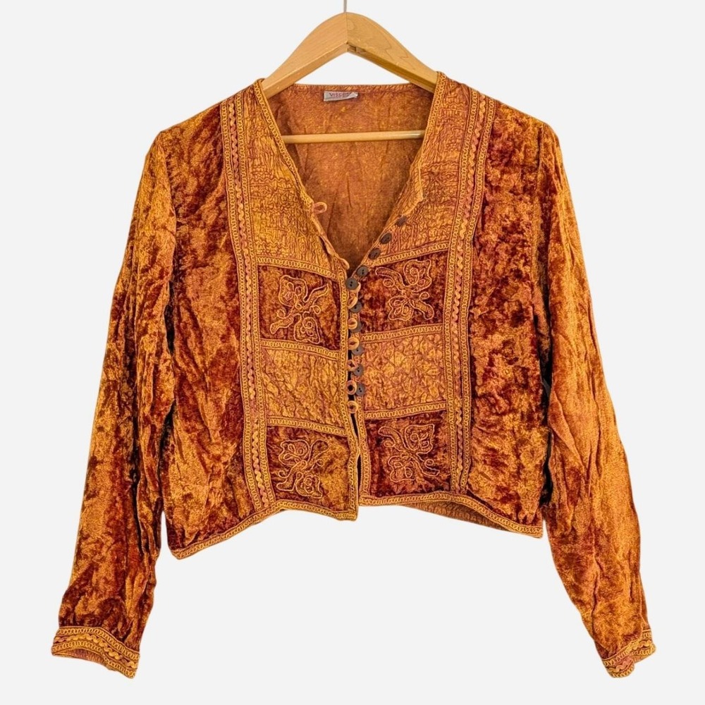 Vintage Crushed Velvet Embroidered Patchwork Crop Jacket OS